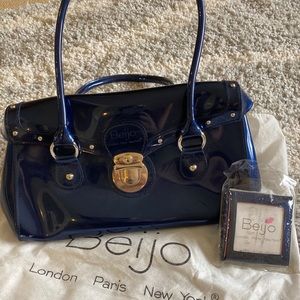Beijo Hand Bag Studded Blue Patent Leather